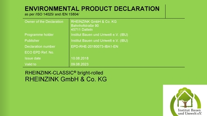 Zertifikat Environmental Product Declaration RHEINZINK Zertifikat Environmental Product Declaration RHEINZINK