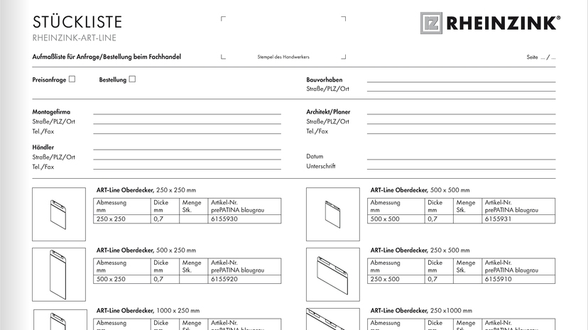 Stückliste RHEINZINK-ART-Line